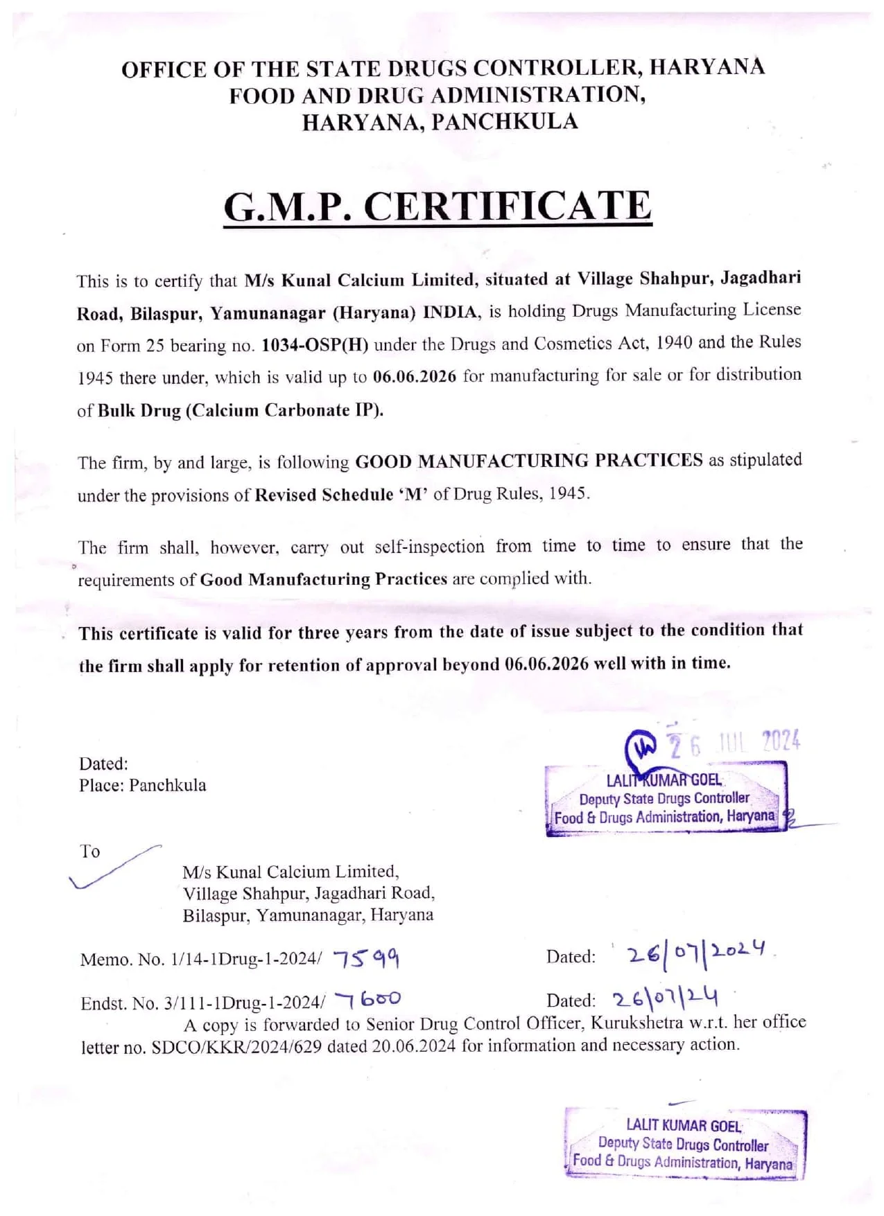 Kunal Calcium GMP Certificate